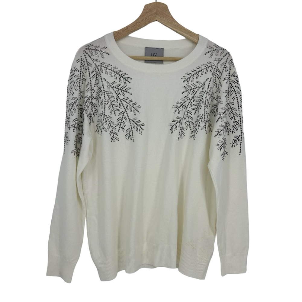 LIV White Leaf Silver Snowflake Rhinestone Motif Sweater